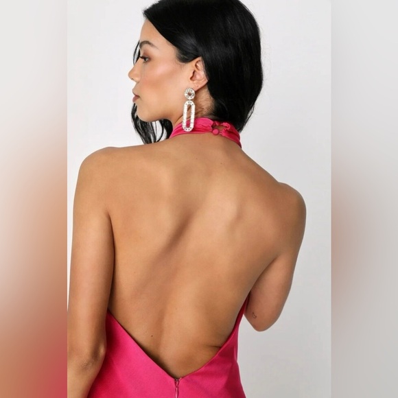 Lulus NWT Women’s “Beyond Classy” Hot Pink Satin Halter Midi Dress. Size Medium. - Picture 10 of 16